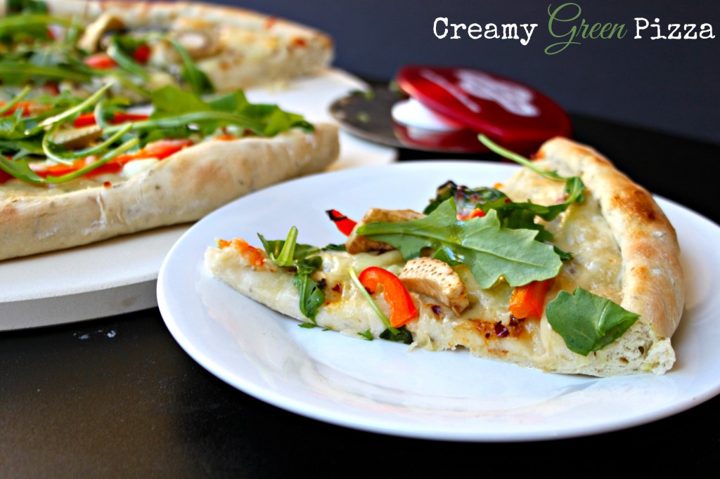 Creamy Green Pizza via TheFoodiePatootie.com | #recipe #foodholiday #pizza #artichokehearts