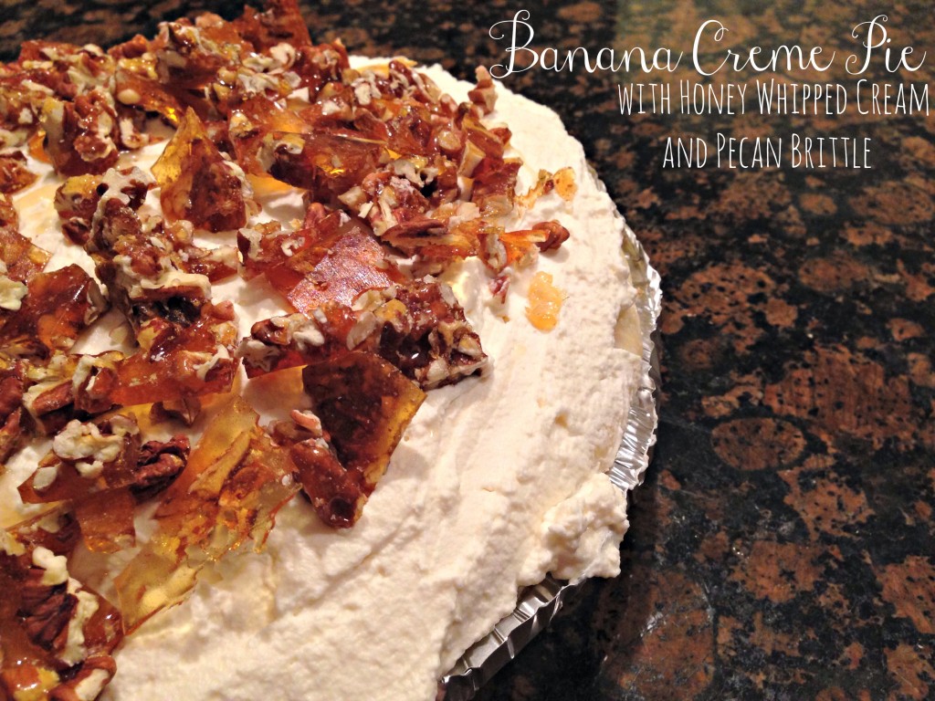 Banana Creme Pie with Honey Whipped Cream and Pecan Brittle via TheFoodiePatootie.com | #pie #dessert #recipe #bananas #foodholiday