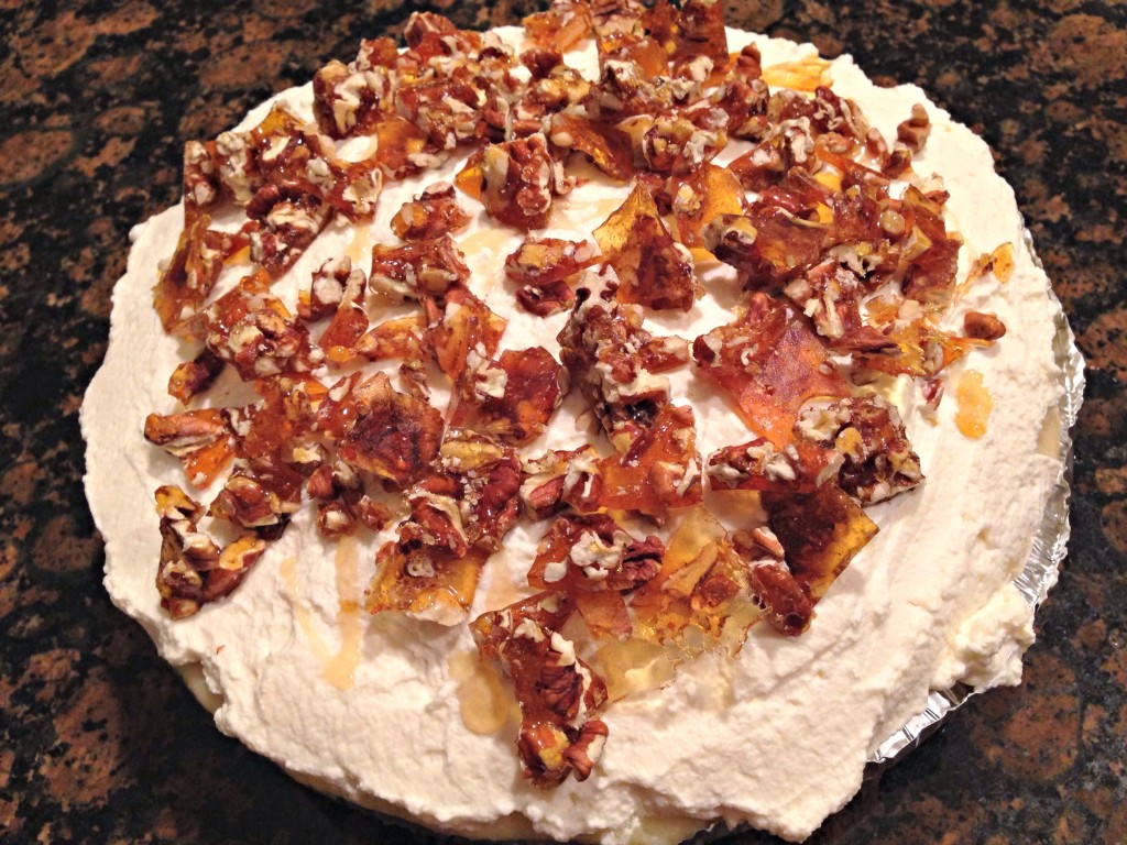 Banana Creme Pie with Honey Whipped Cream and Pecan Brittle via TheFoodiePatootie.com | #pie #dessert #recipe #bananas #foodholiday