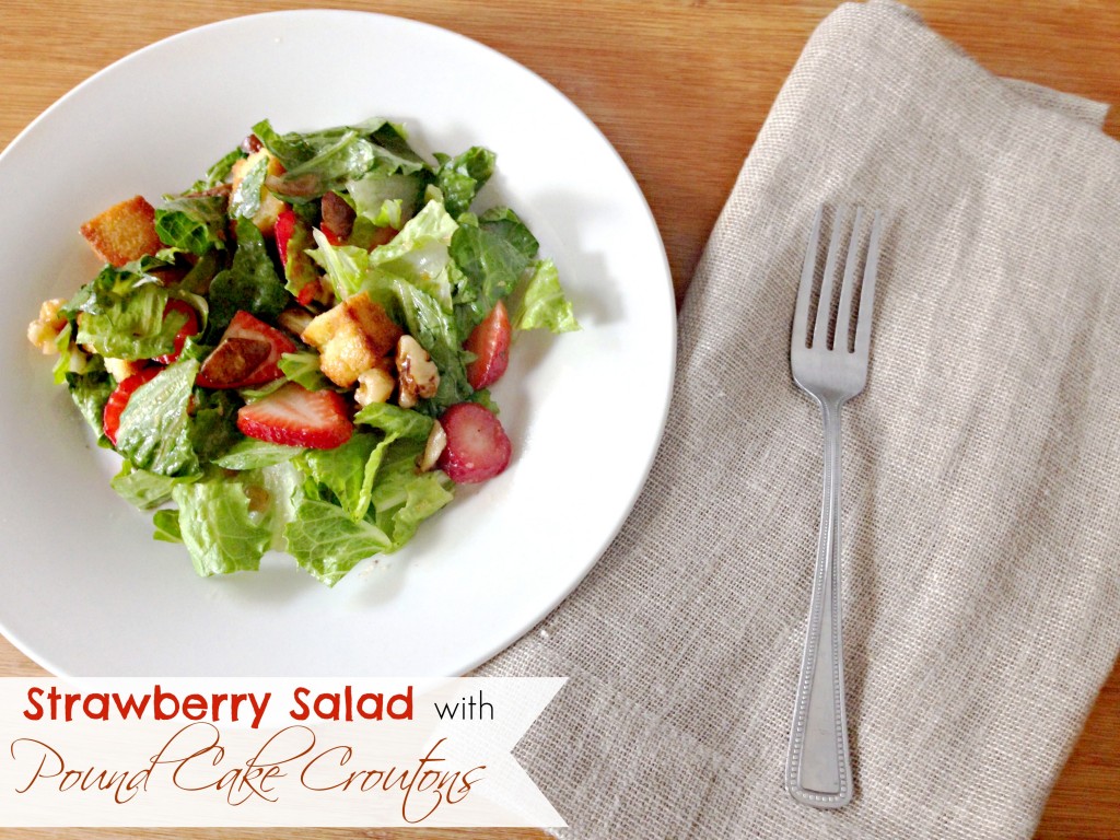 Strawberry Salad with Pound Cake Croutons via TheFoodiePatootie.com | #salad #strawberries #recipe #foodholiday