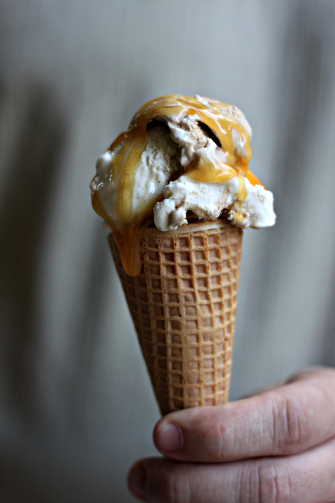 National Ice Cream Cone Day | Vanilla Coffee Ice Cream with Butterscotch Sauce