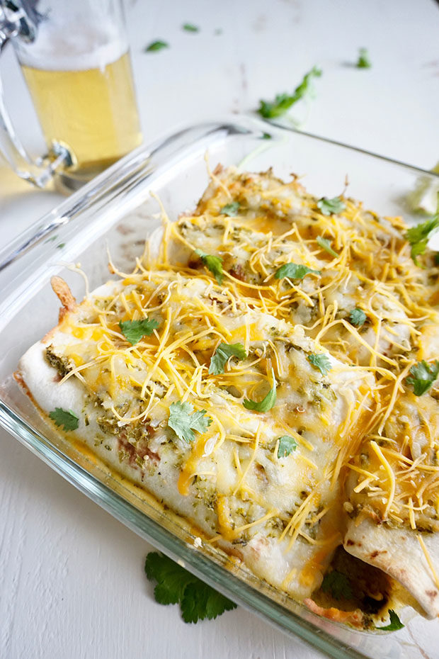 Butternut Squash and Black Bean Enchiladas with Salsa Verde and Corona