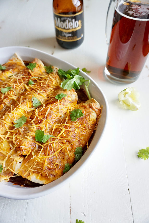 Butternut Squash and Black Bean Red Sauce Modelo Enchiladas