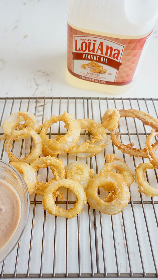 Pancake Batter Onion Rings with horseradish dipping sauce