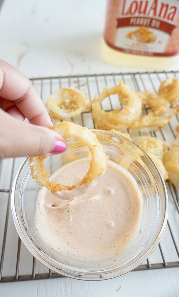 Pancake Batter Onion Rings with horseradish dipping sauce