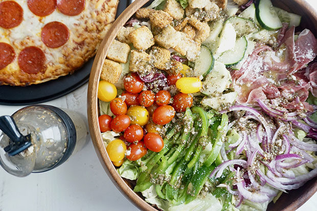 Homemade Italian salad with homemade Italian dressing