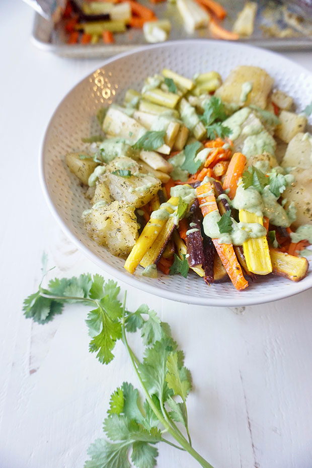 Roasted Root Vegetable Bowl with Cilantro Tahini Dressing