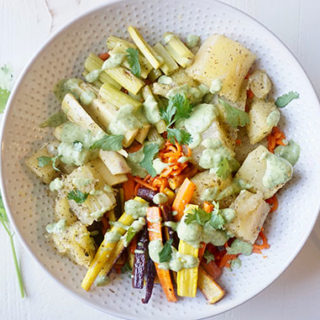Roasted Root Vegetable Bowl with Cilantro Tahini Dressing recipe