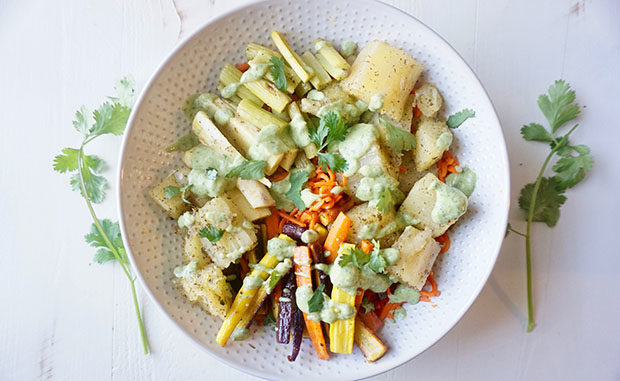 Roasted Root Vegetable Bowl with Cilantro Tahini Dressing recipe