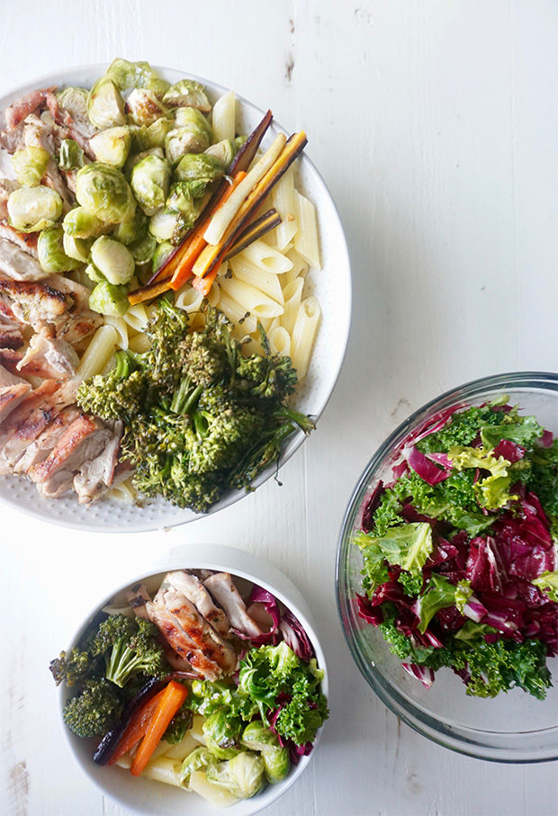 Gluten-Free Pasta Bowl with Citrus Chicken, Kale Slaw, and Roasted