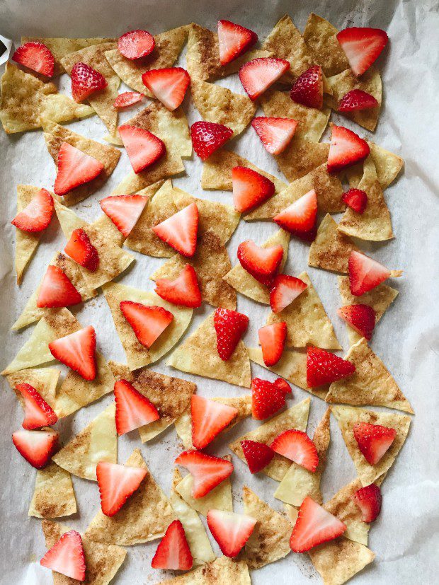 Homemade tortilla chips with strawberries