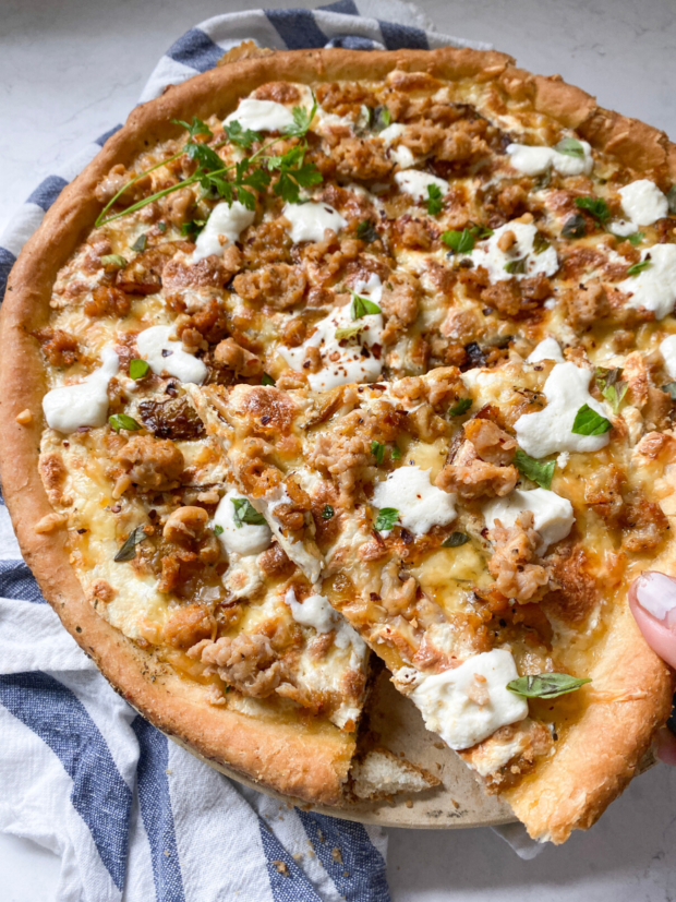 Sausage and Potato Pizza recipe with crust